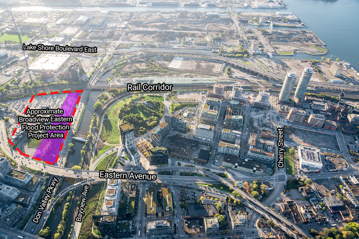 An aerial photo of the project area showing the approximate project boundaries on the east side of the Don River.