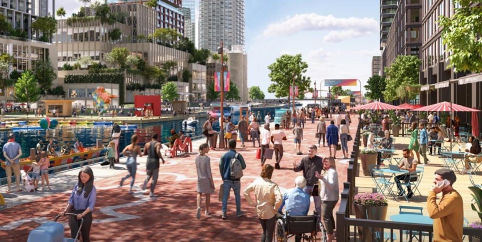 A rendering of a water edge promenade along the Keating Channel in the Port Lands.