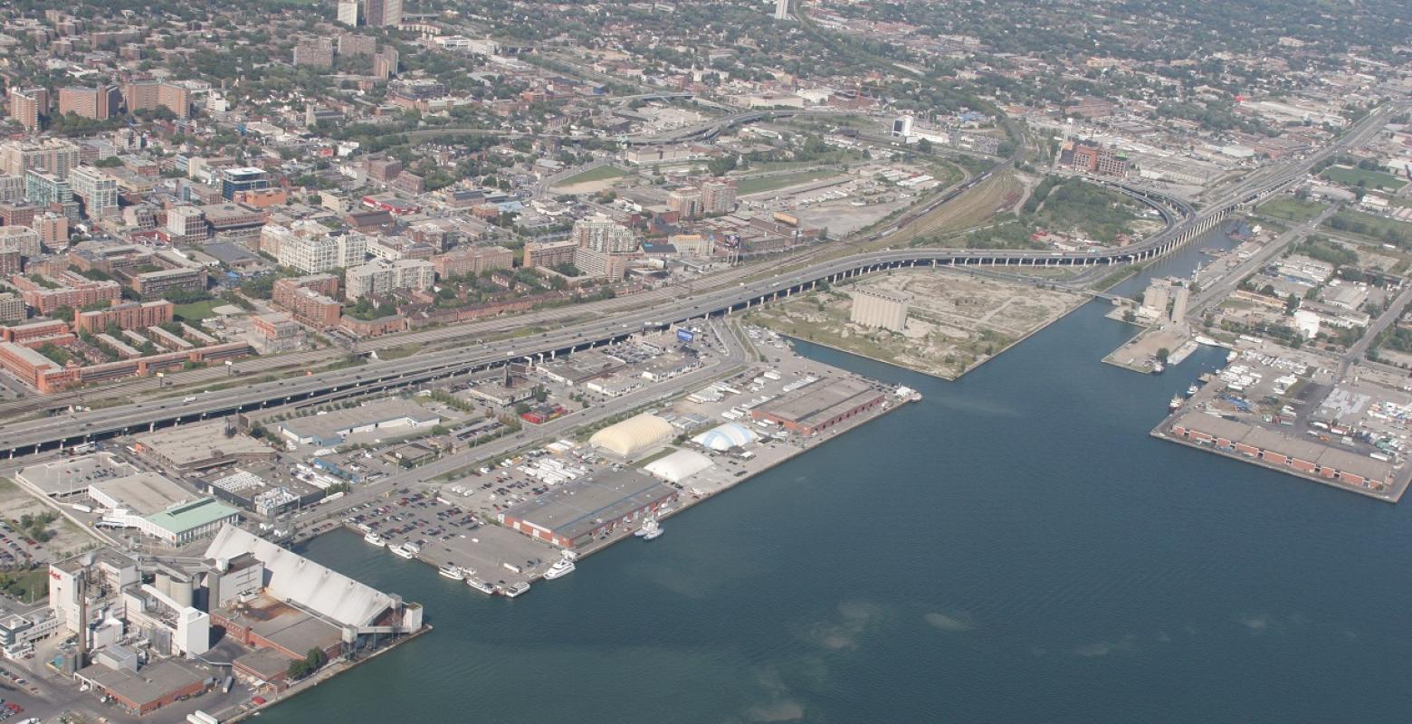 An aerial view of the Eastern waterfront and Gardiner Expressway East