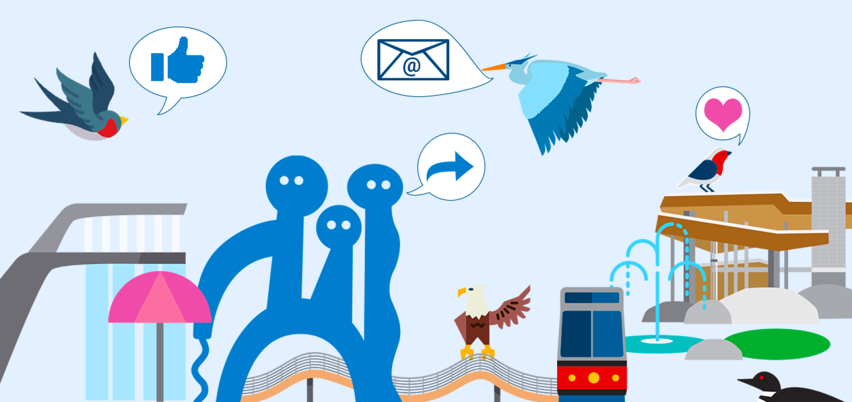 illustrated graphic showing Waterfront Toronto projects like the water guardians and the corktown common pavillion. Birds and one of the water guardians have speech bubbles containing the symbols for liking, sharing, and replying on social media.