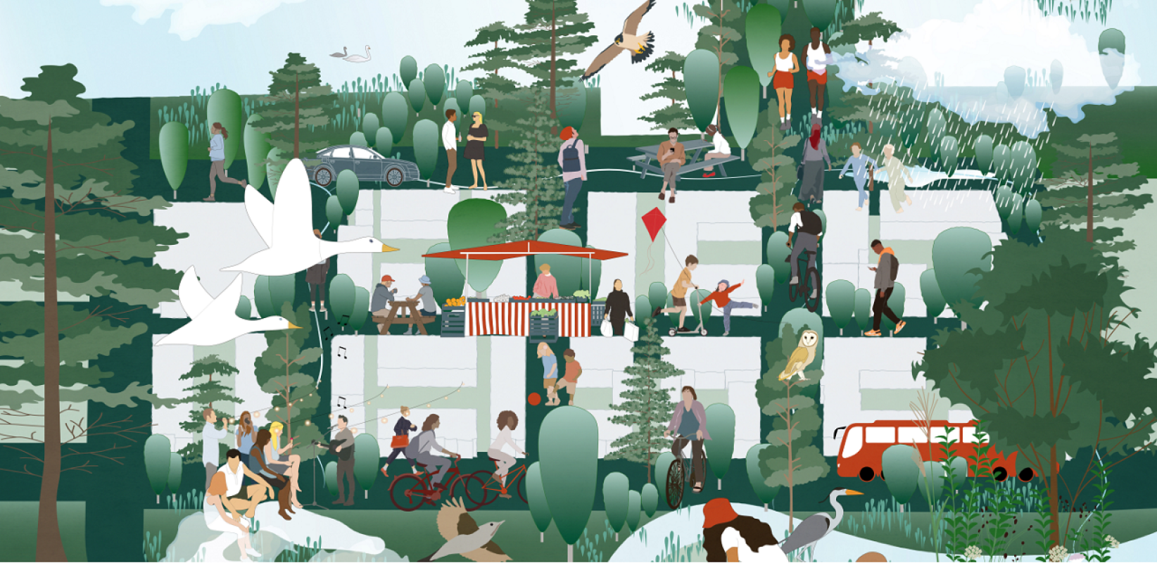 Illustration of a lively green neighborhood with people walking, cycling, playing, shopping, and relaxing among trees, birds, and market stalls, blending nature with community life.