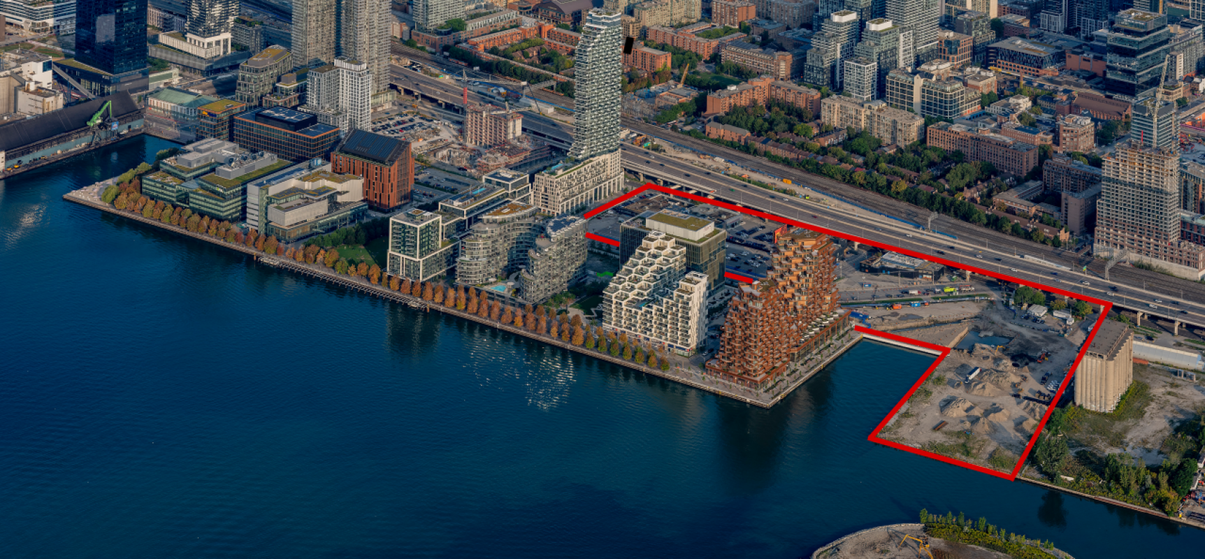 Aerial image showing Quayside Project boundary along the water.