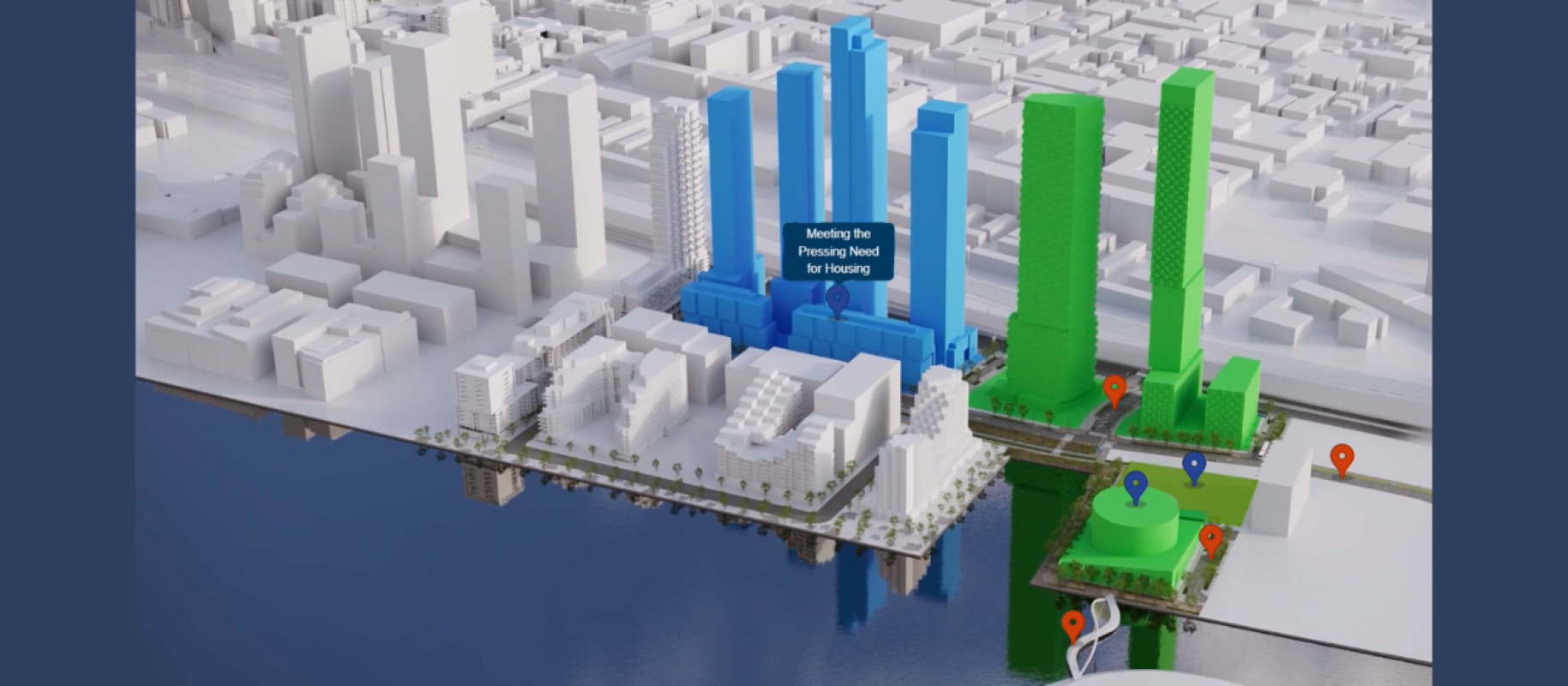 Screenshot from Quayside experience showing the future of Quayside. A text blob reads, Meeting the pressing need of housing.