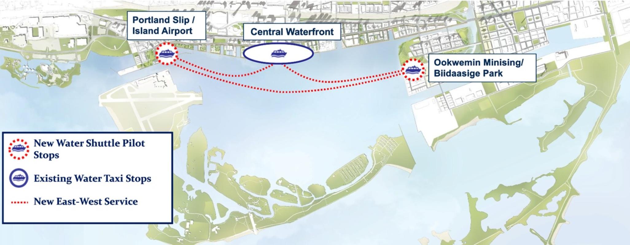 Map of Toronto waterfront showing the New Water Shuttle Pilot Stops at the Portland Slip / Island Airport and Ookwemin Minising / Biidaasige Park. The map also shows the Existing Water Taxi Stops in the Central Waterfront and indicates the New East-West Service route. 
