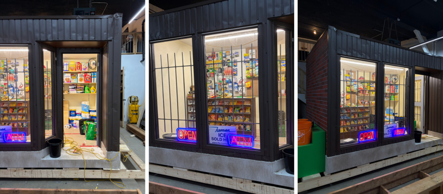 A collage of three images showing a floating artwork that resembles a convenience store