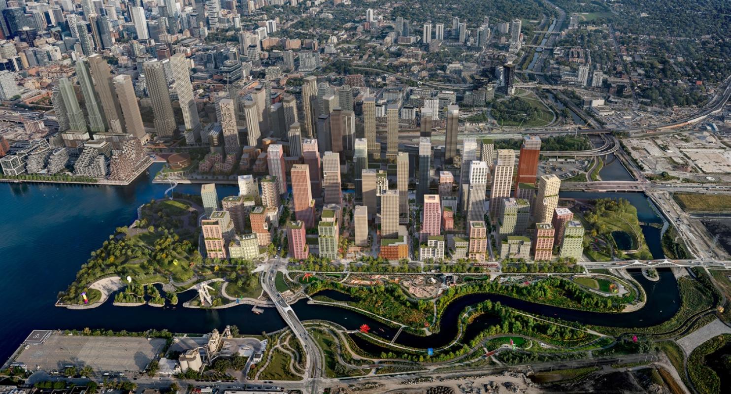 Aerial view of artist rendering showing a new island community on Toronto's waterfront with a winding river., green space, and developments.