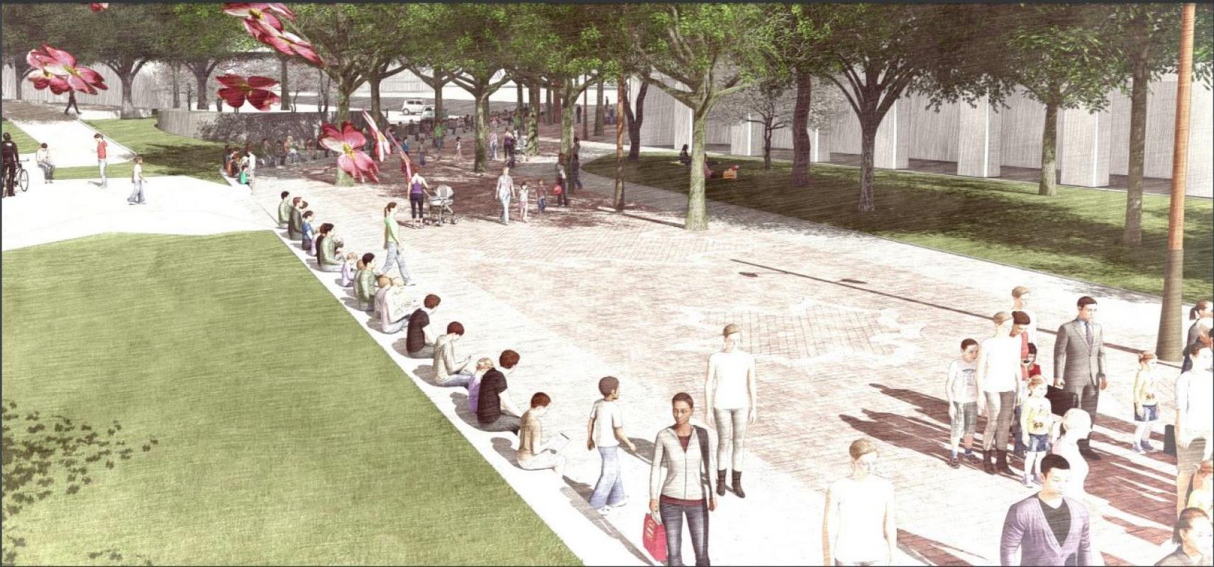 Rendering of the new walkway leading from Bay Street south to the ferry terminal gates.