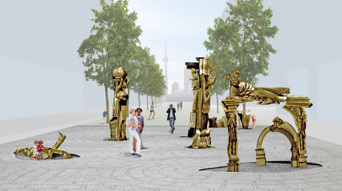 rendering of a series of sculptures along an urban promenade