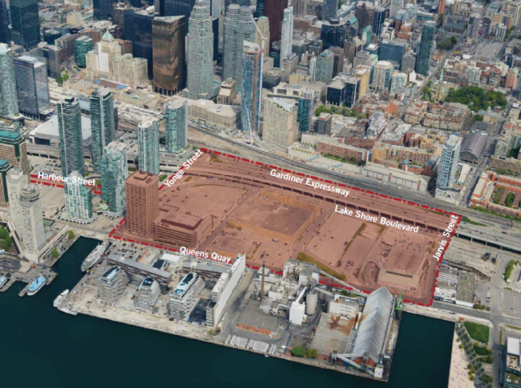 An aerial image showing the boundary of the Lower Yonge Precinct.