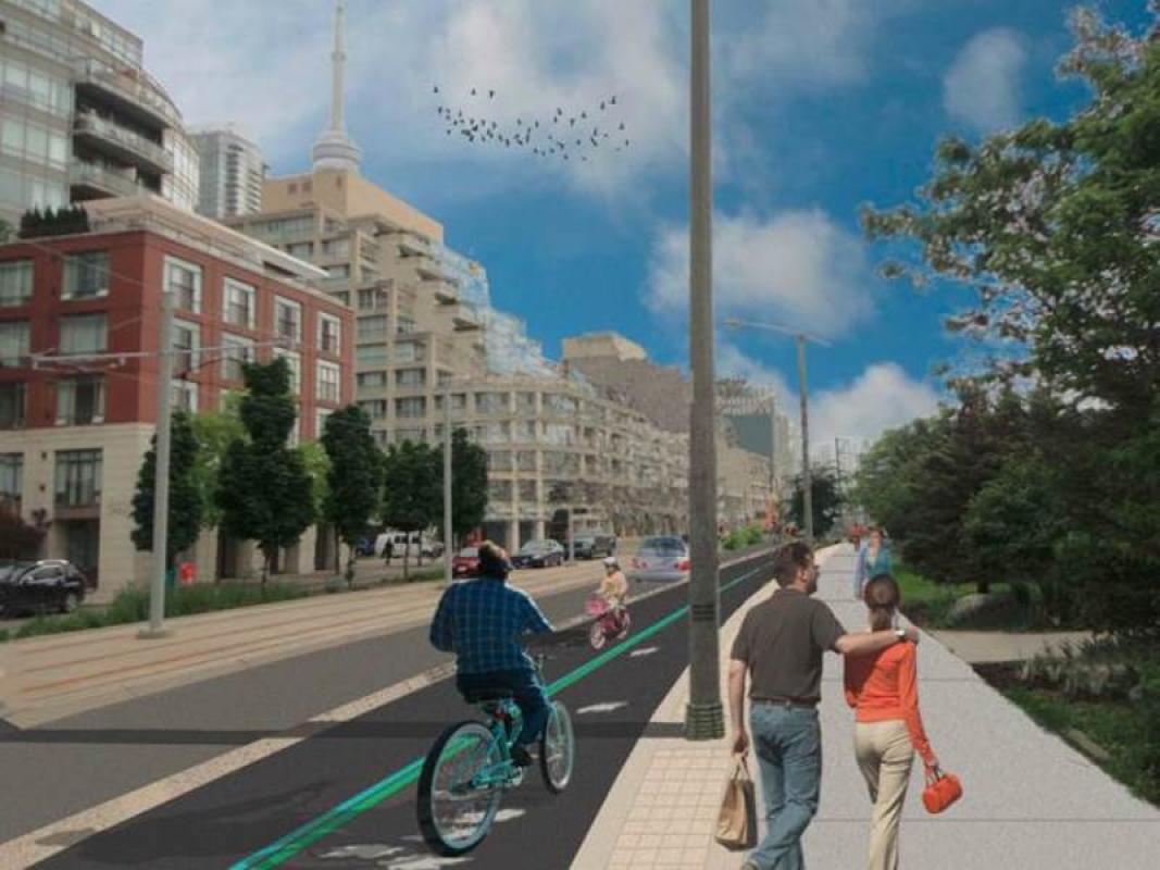 Rendering of people walking along the sidewalk and a cyclist in the bike trail