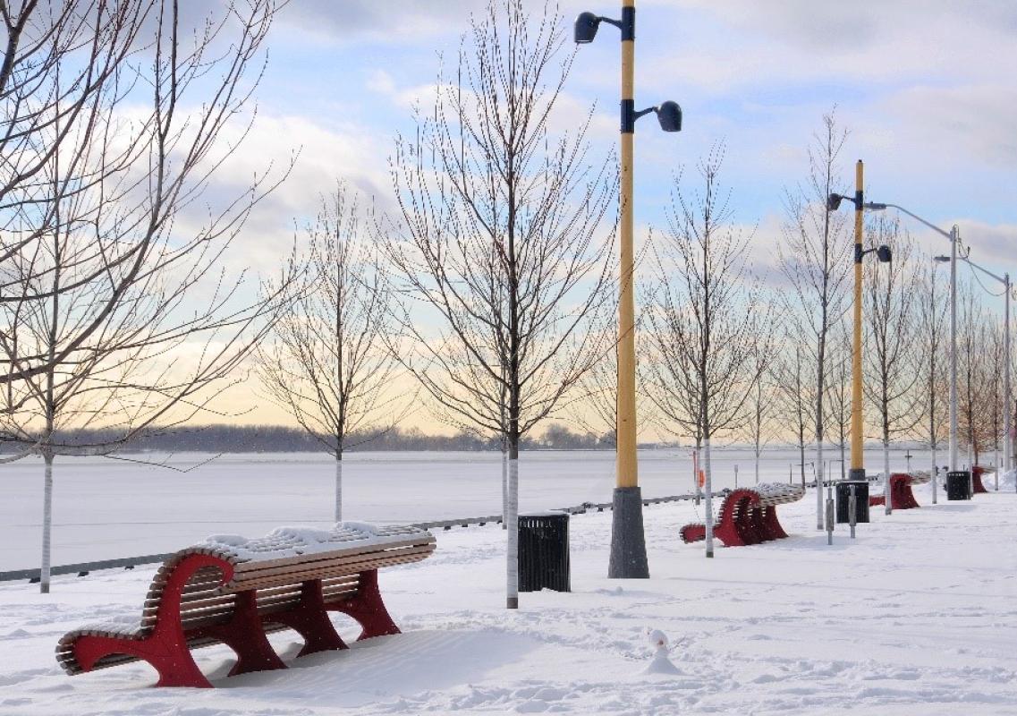 The East Bayfront water's edge promenade in winter.