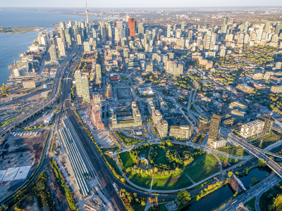 aerial view of west don lands looking west