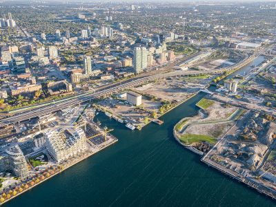 aerial view looking east over the Gardiner