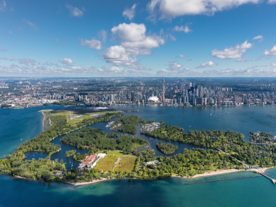 aerial image of Toronto waterfront looking north over the Toronto Islands