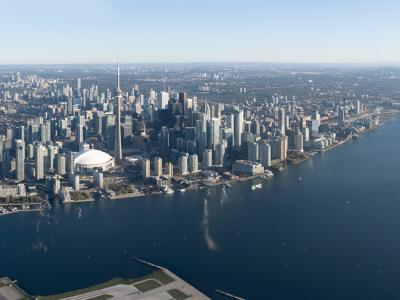 An aerial panorama of Toronto's Waterfront, seen from the lake.