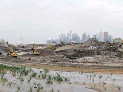 Excavation of the future river valley in the Port Lands. In the foreground, small plants are growing out of a muddy area. In the midground, heavy machinery is working on large piles of soil. The Toronto Skyline is in the background.
