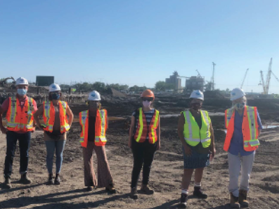 Members of the project team from MinoKamik Collective, Waterfront Toronto and EllisDon at the Port Lands Flood Protection construction site