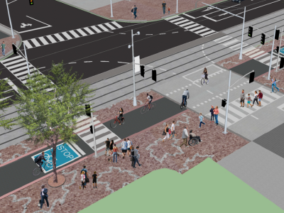 Rendering showing updates to Queens Quay West that will improve interactions between cyclists and pedestrians.