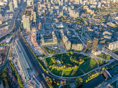 aerial photograph showing green space and the waterfront communities 