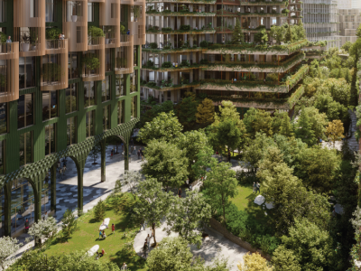 Rendering: a forested park space between tall buildings in a city.