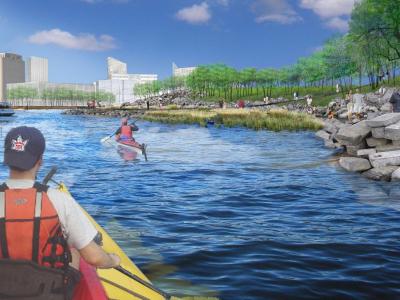 Artist rendering of people paddling in the future Don River