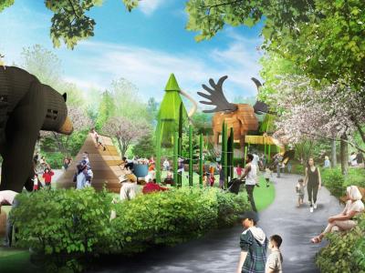Rendering showing people walking along a path next to a busy park playground