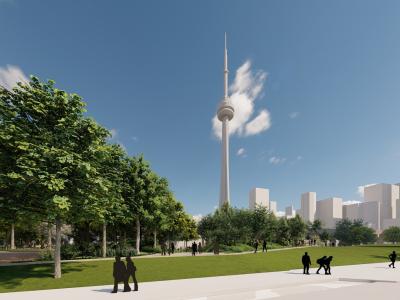 Rendering showing open green space in an urban park with the CN Tower in the background