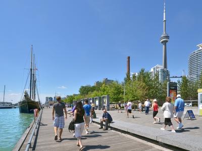 view of a busy water's edge promenade on a sunny day