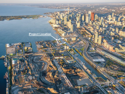 Aerial of Toronto's downtown waterfront with a dashed circle in the center labeled 'Project location'