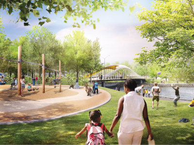 Rendering: a busy park with a curved bridge in the background. 