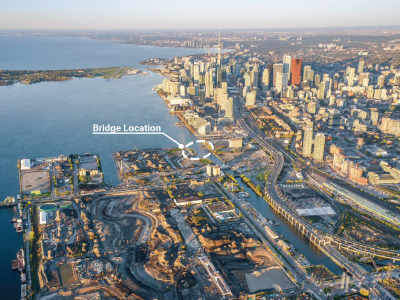 Toronto from above with bridge location circle.