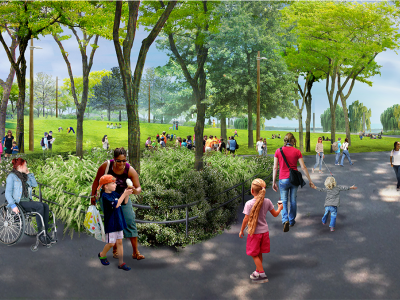 Rendering: people on a tree-lined pathway in a park. 