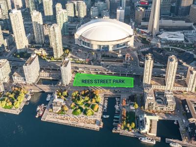 Aerial view of Toronto's waterfront highlighting the location of Rees Street Park