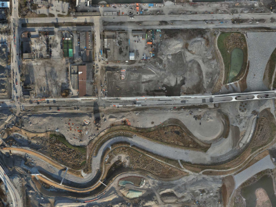 An aerial map of the Toronto Port Lands.