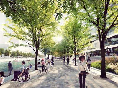 A bustling city promenade beside the water with pedestrians walking and cyclists biking through the urban landscape.