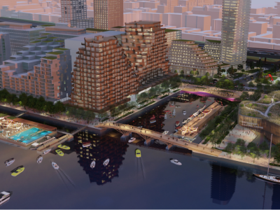 Rendering: Parliament Slip seen from above with water taxis at the mouth of the slip.