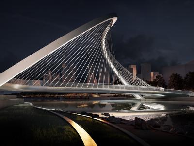 A curvy arched pedestrian bridge shown in a night view rendering.