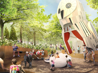A rendering of a playground with a large owl structure.