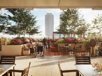 Artist's rendering of future long term health care facility in West Don Lands. A rooftop surrounded by greenery and flowers with skyline in the background as elderly people soak in the sunlight.