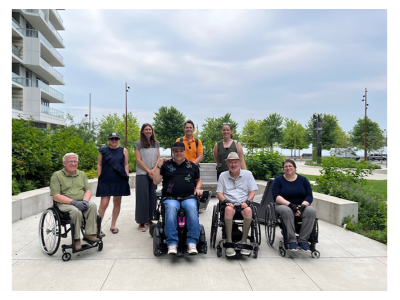 Waterfront Toronto staff and Accessibility Advisory Committee members toured some of our completed East Bayfront projects in 2024 and posed for the camera. Back left to right: Pina Mallozzi (WT), Kasia Gladki (WT), Roman Romanov (AAC), Vail Zerr (WT). Front left to right: Bruce Drewett (AAC), Chris Stigas (AAC), Dan Euser (AAC) Diane Kolin (AAC) Missing: Amanda Karahanas (AAC), Ipek Kabatas (AAC).