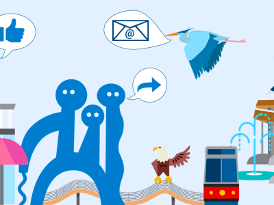 Poster showing birds, thumbs-up icon, an umbrella, heart icon, share button icon, messenger icon, light keeper and water guardians public artworks, transit and road.