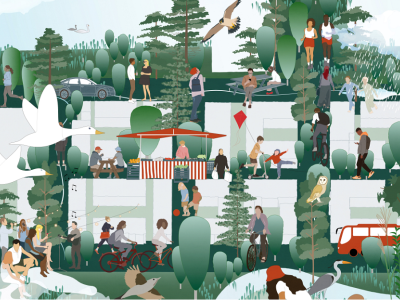 Illustration of a lively green neighborhood with people walking, cycling, playing, shopping, and relaxing among trees, birds, and market stalls, blending nature with community life.