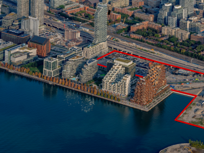 Aerial image showing Quayside Project boundary along the water.