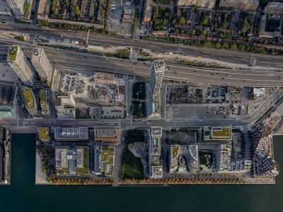 Bird's eye view of Toronto's revitalized East Bayfront neighbourhood in 2025.