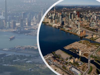 A view of Toronto's eastern waterfront on top of a photo before revitalization