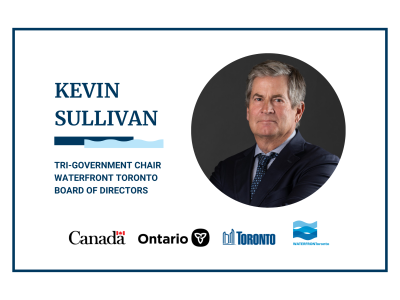 Headshot of Kevin Sullivan with text reading: Tri-Government Chair, Waterfront Toronto Board of Directors. Also inludes logos for the Goverment of Canada, Province of Ontario, City of Toronto, and Waterfront Toronto.