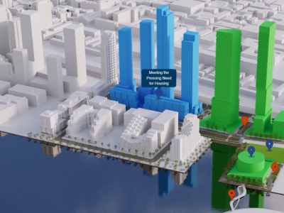 Screenshot from Quayside experience showing the future of Quayside. A text blob reads, Meeting the pressing need of housing.