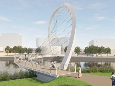 Artist Rendering of Keating Channel Pedestrian Bridge showing people walking by on a bright sunny day.