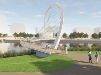 Rendering of Keating Channel Pedestrian Bridge showing people walking by on a bright sunny day.