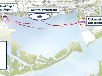 Map of Toronto waterfront showing the New Water Shuttle Pilot Stops at the Portland Slip / Island Airport and Ookwemin Minising / Biidaasige Park. The map also shows the Existing Water Taxi Stops in the Central Waterfront and indicates the New East-West Service route. 